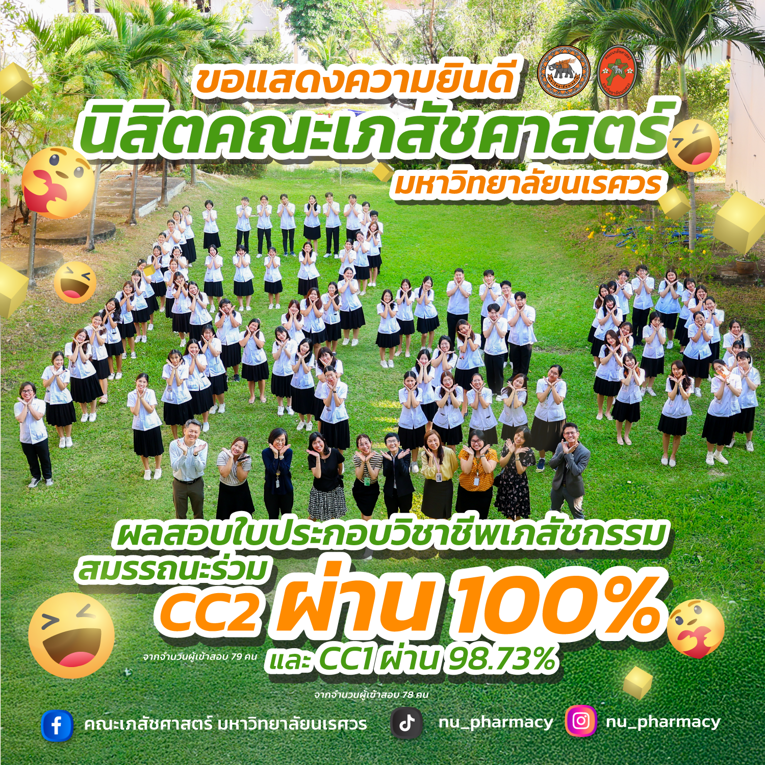 ขอแสดงความยินดีนิสิตคณะเภสัชศาสตร์ มหาวิทยาลัยนเรศวร ที่ผลสอบใบประกอบวิชาชีพเภสัชกรรมสมรรถนะร่วม CC2 ผ่าน 100% และ CC1 ผ่าน 98.73%