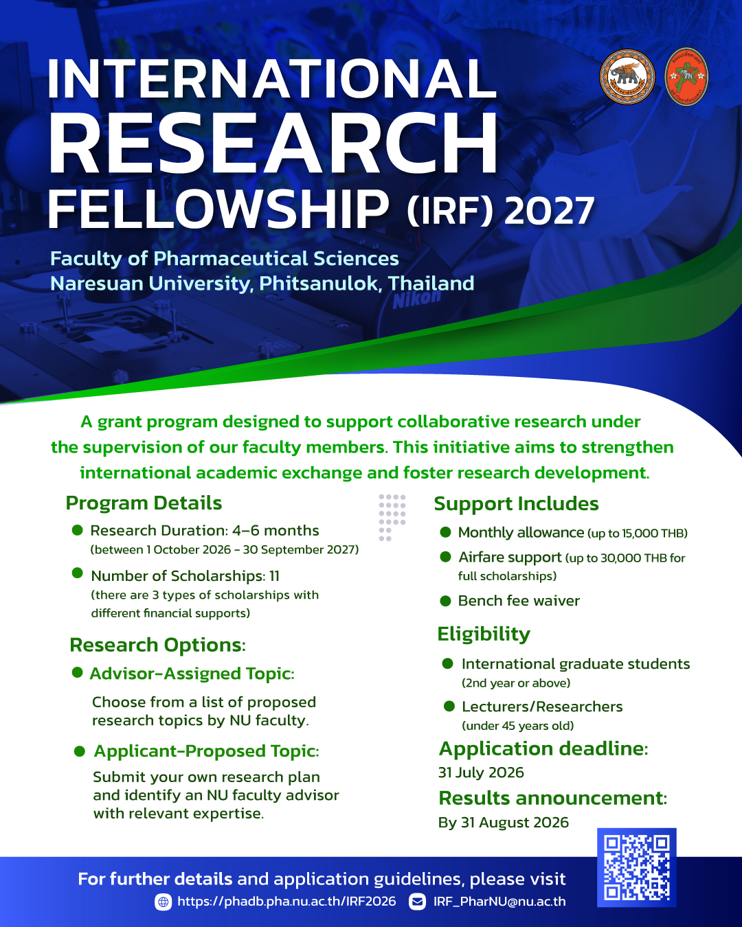 Now Open: International Research Fellows 2027 — Enhancing Global Research Collaboration at Faculty of Pharmaceutical Sciences, Naresuan University